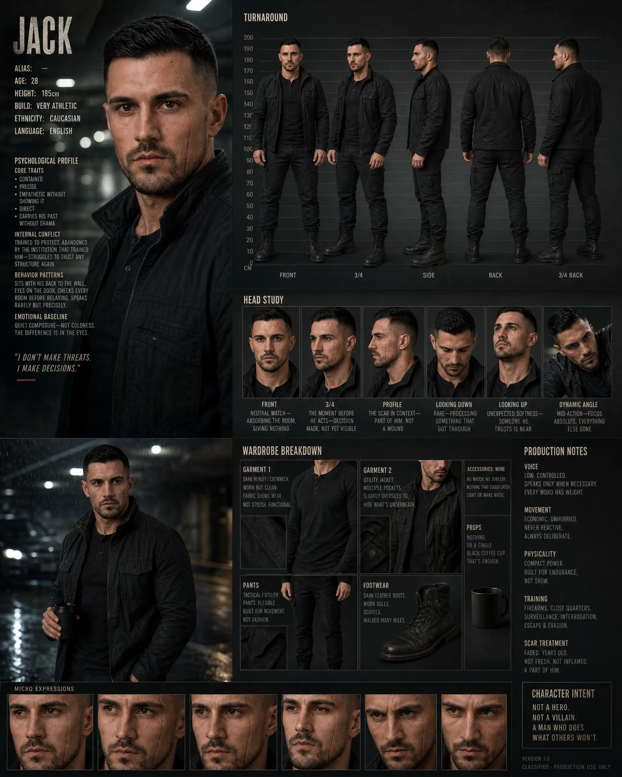 Character-Design-Sheet von Jack: Turnaround, Head Studies, Garderobe und Produktionsnotizen