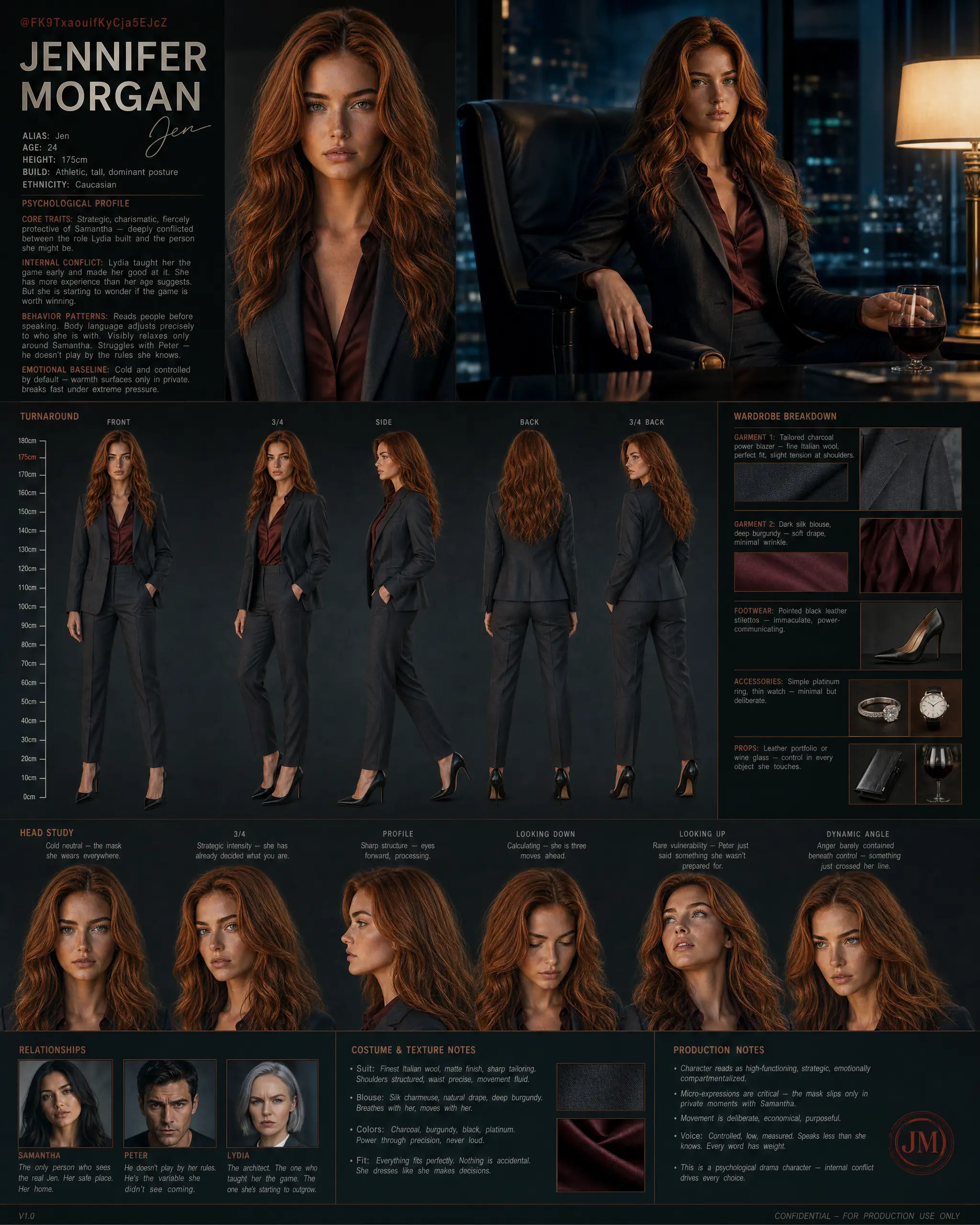 Character-Design-Sheet von Jennifer Morgan: Turnaround, Head Studies, Garderobe und Produktionsnotizen