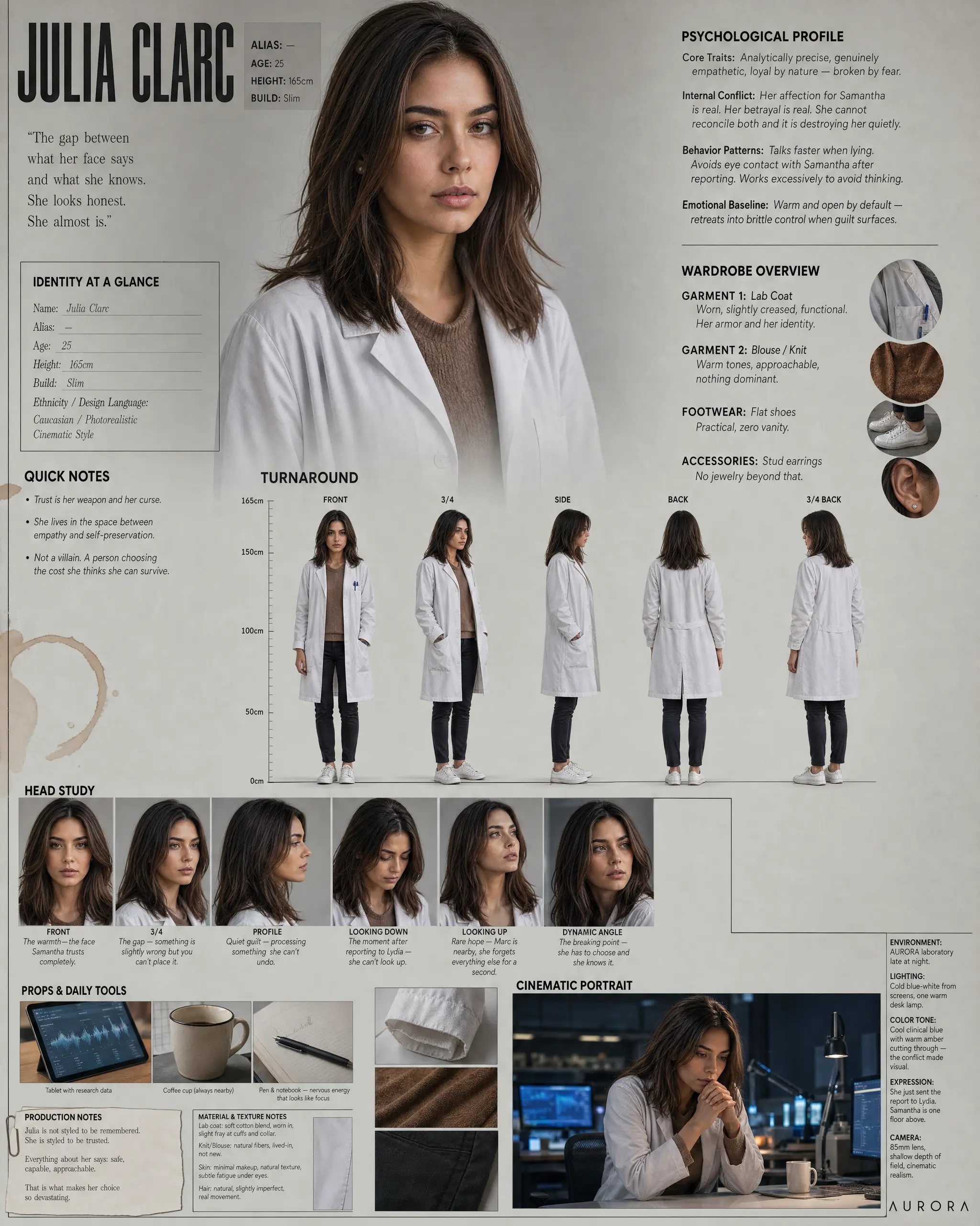 Character-Design-Sheet von Julia Clarc: Turnaround, Head Studies, Garderobe und Produktionsnotizen