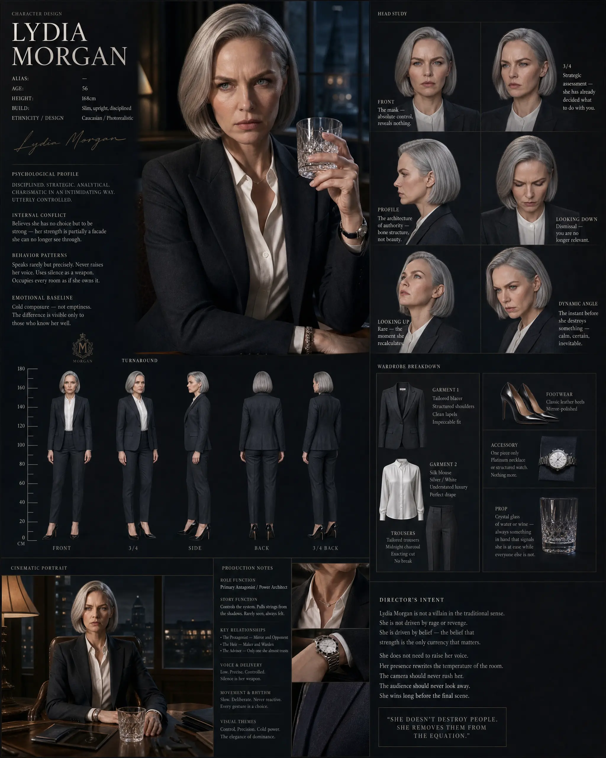 Character-Design-Sheet von Lydia Morgan: Turnaround, Head Studies, Garderobe und Produktionsnotizen
