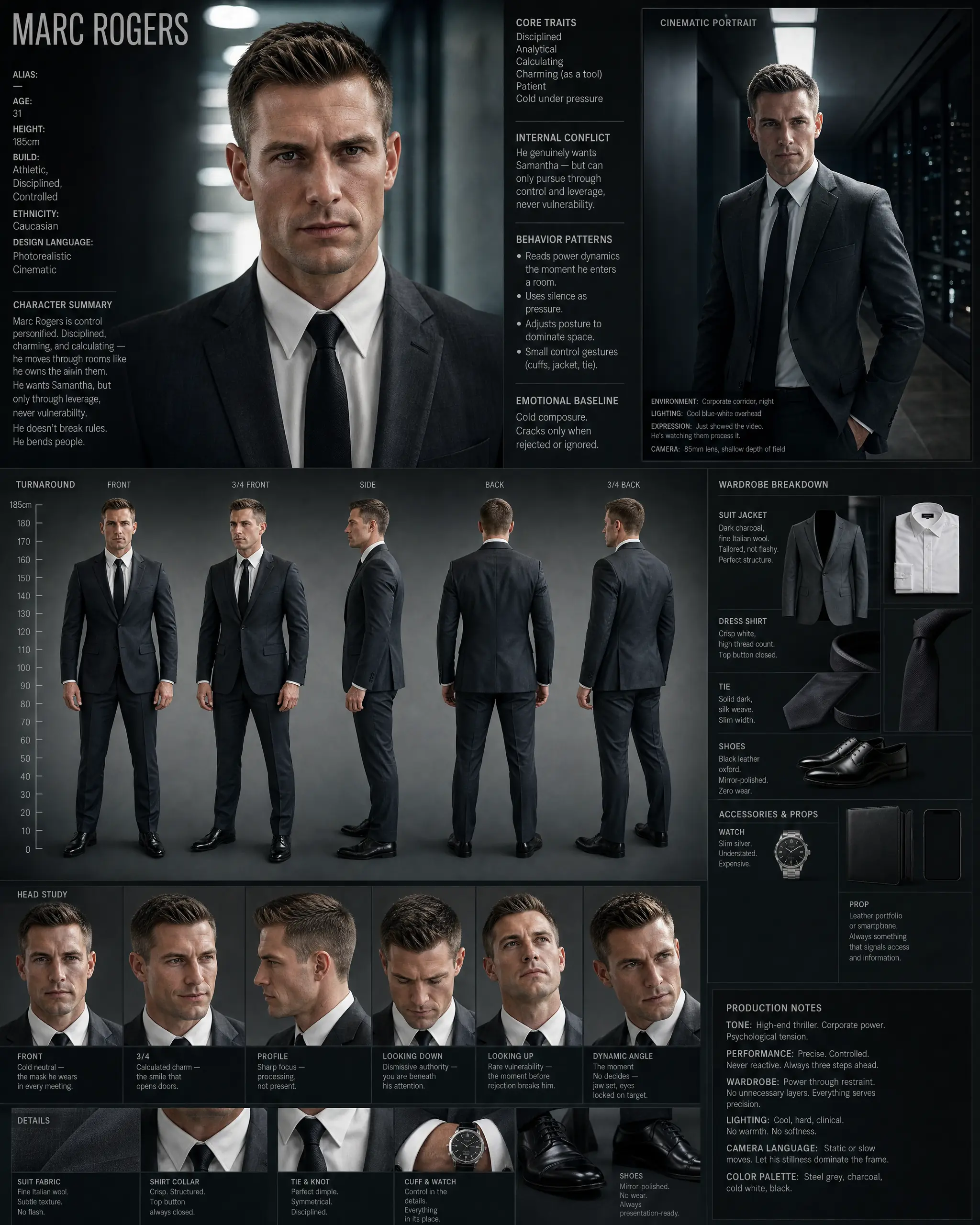 Character-Design-Sheet von Marc Rogers: Turnaround, Head Studies, Garderobe und Produktionsnotizen