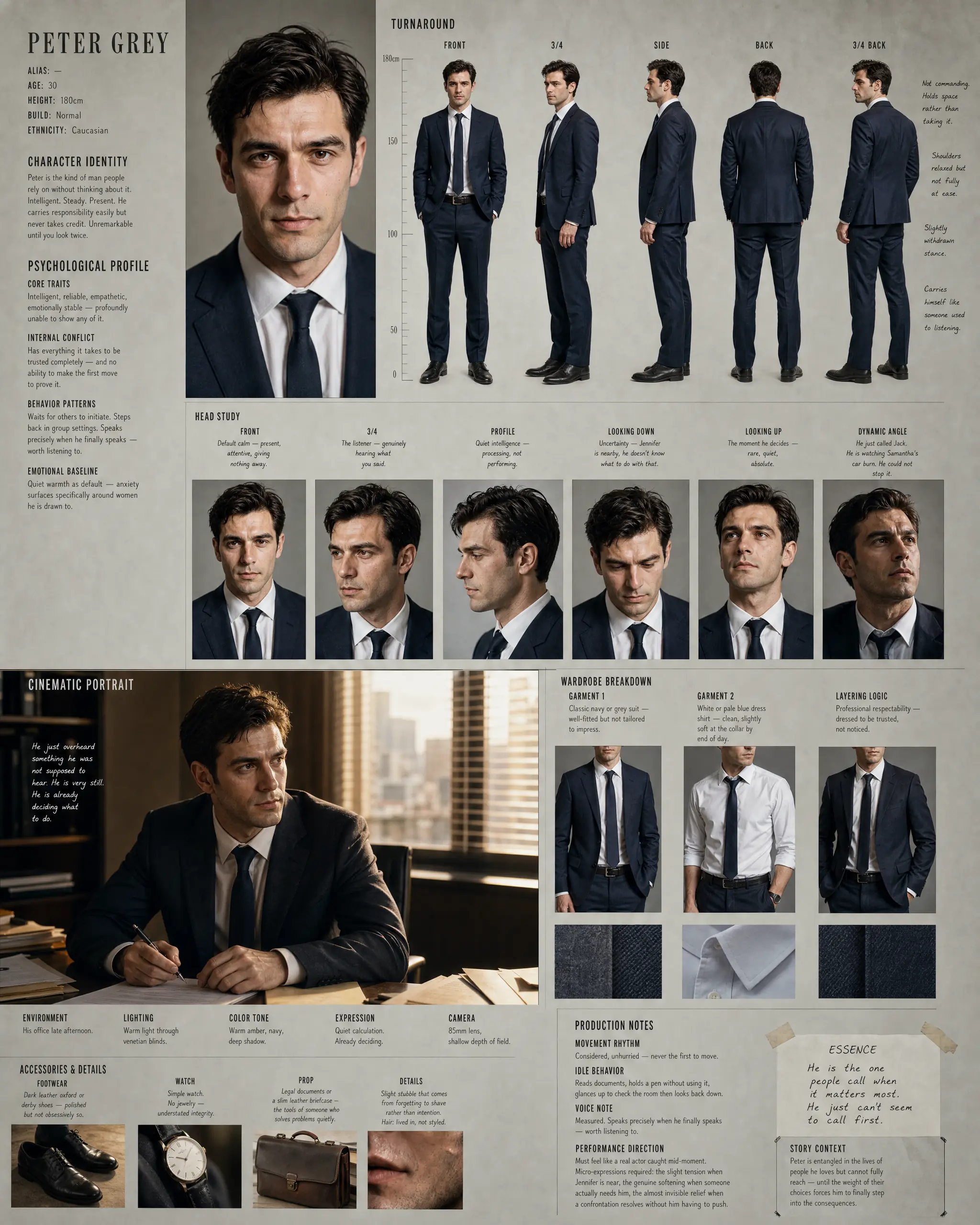 Character-Design-Sheet von Peter Grey: Turnaround, Head Studies, Garderobe und Produktionsnotizen