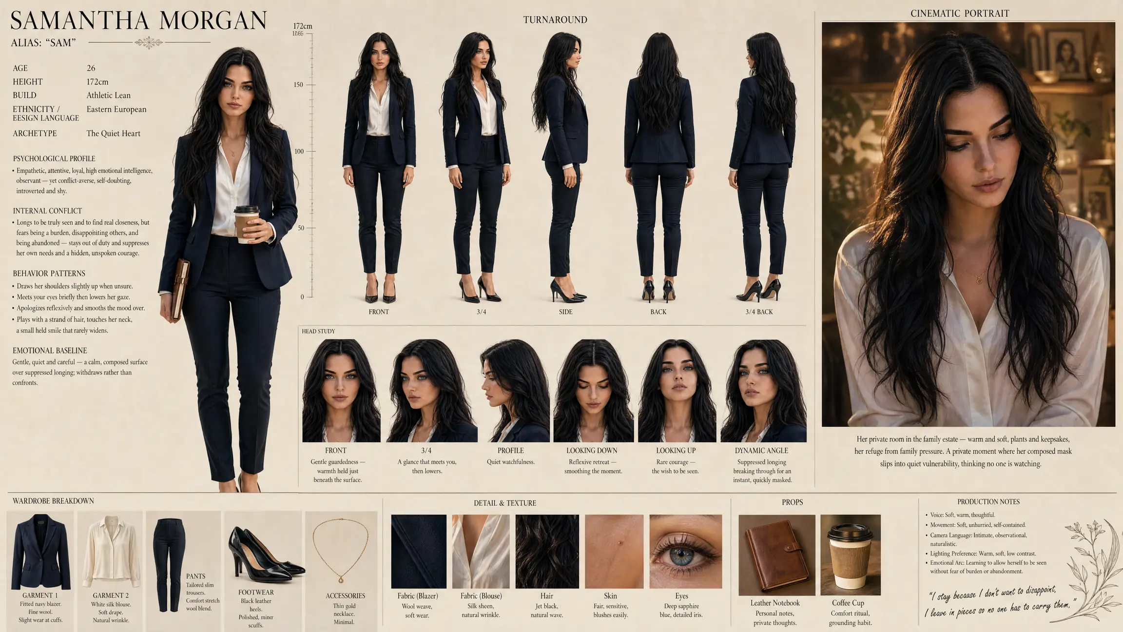 Character-Design-Sheet von Samantha Morgan: Turnaround, Head Studies, Garderobe und Produktionsnotizen