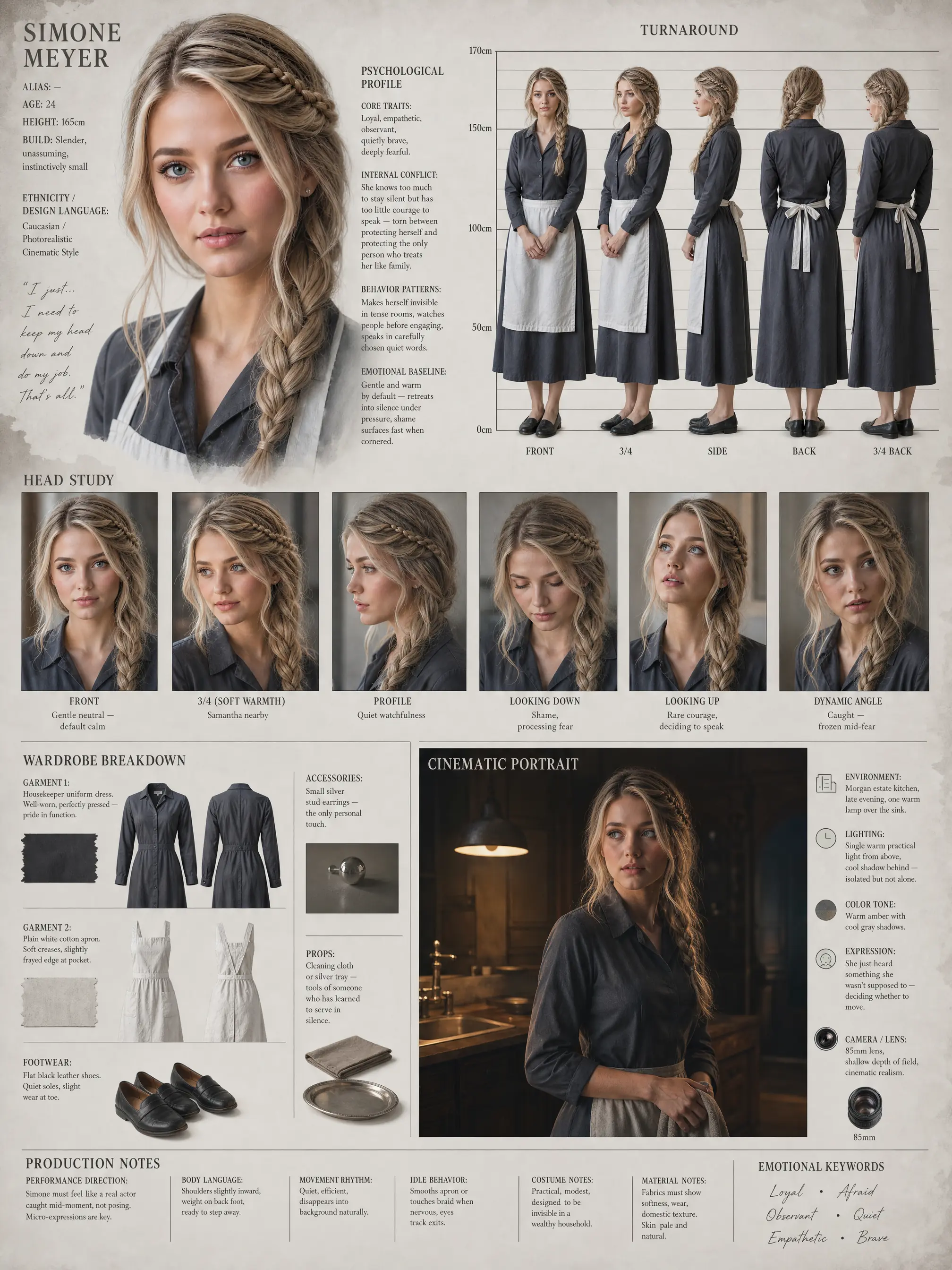 Character-Design-Sheet von Simone Meyer: Turnaround, Head Studies, Garderobe und Produktionsnotizen