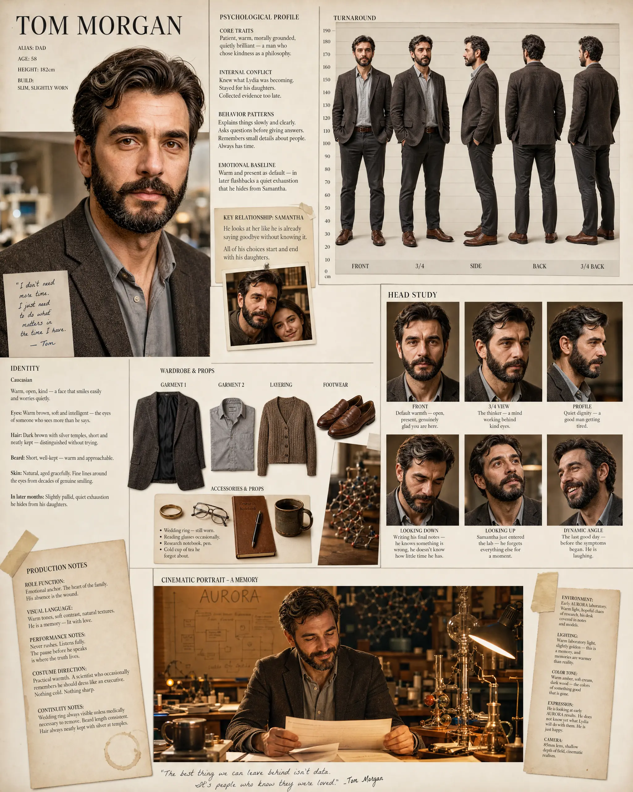 Character-Design-Sheet von Tom Morgan: Turnaround, Head Studies, Garderobe und Produktionsnotizen