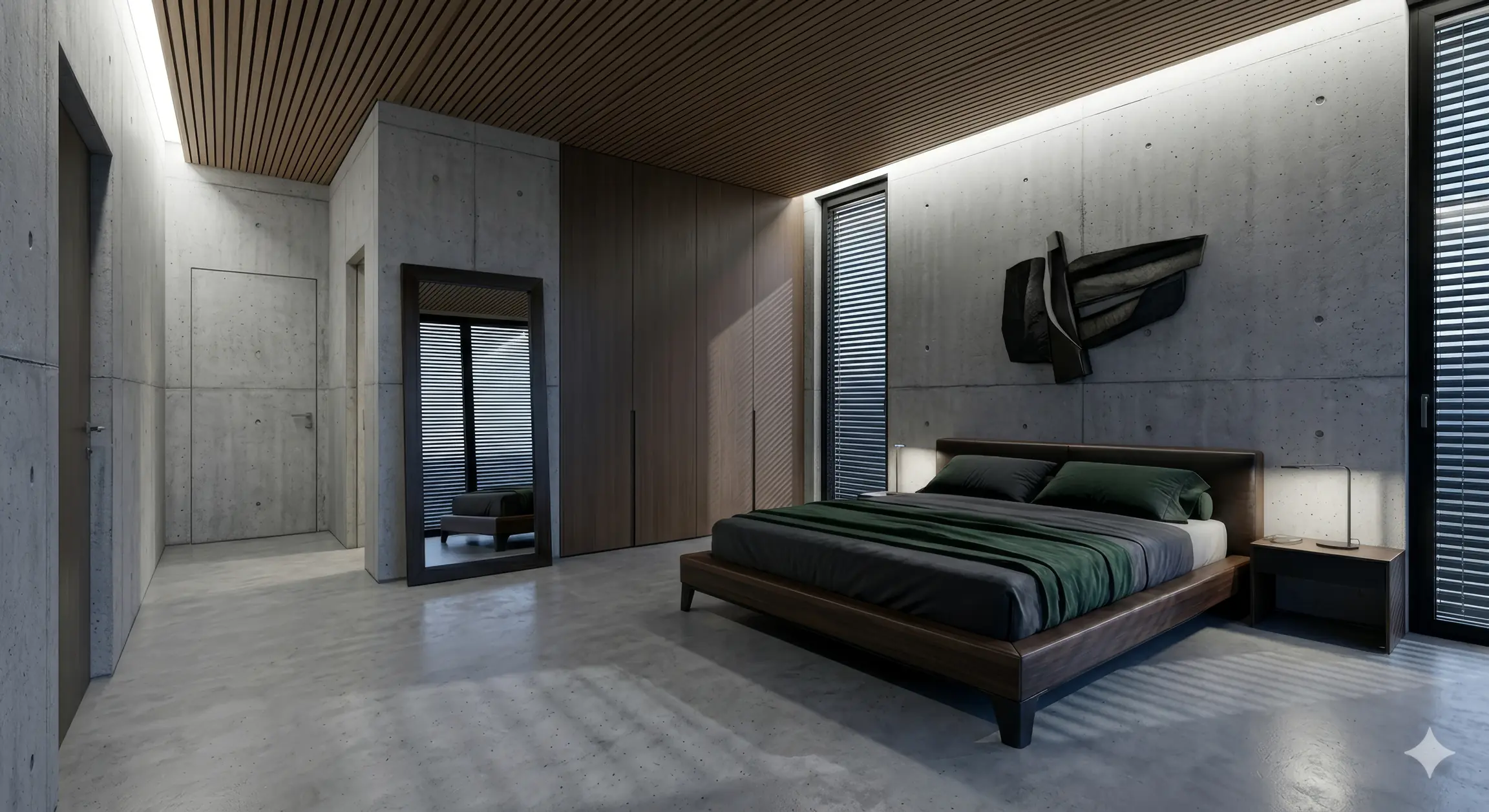 Ein Schlafzimmer im Anwesen, gedämpftes Licht und weiche Farben